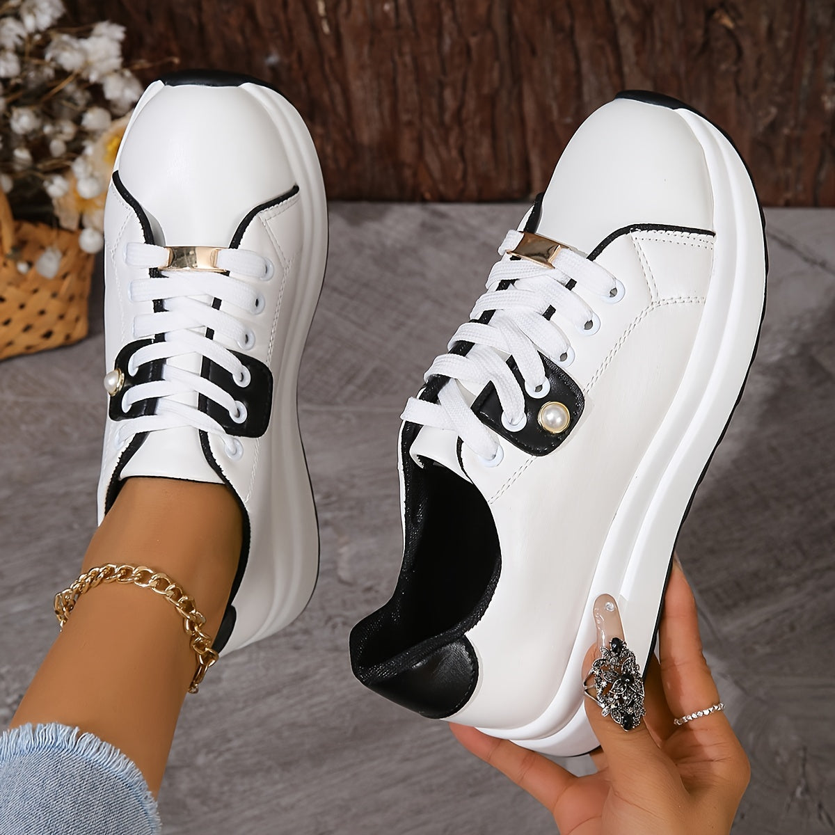 Pearl & Metal Decor Thick Sole Skate Shoes