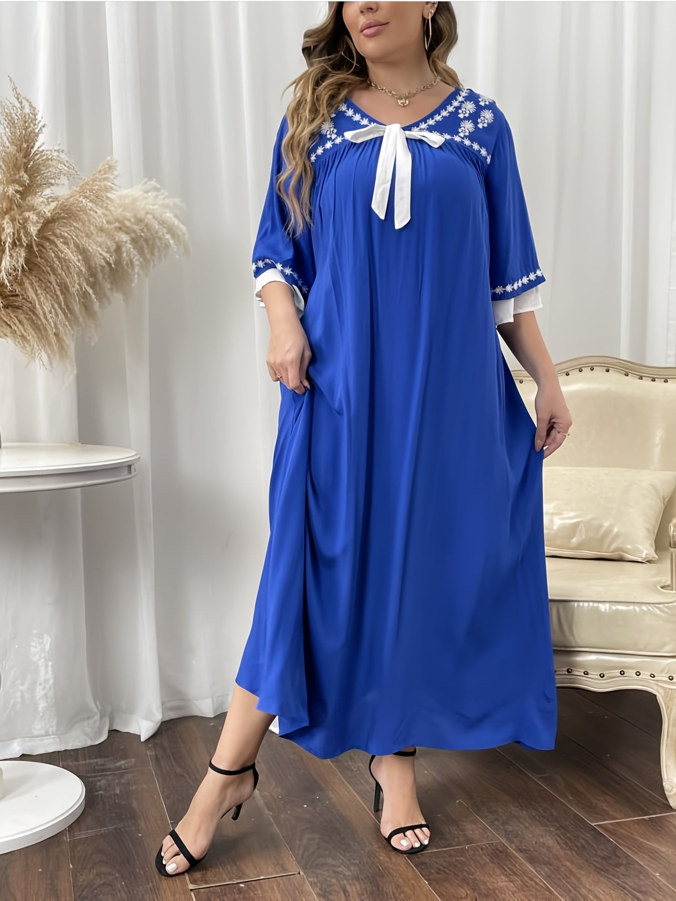 Floral Embroidered Half Sleeve Maxi Dress Ethnic Long Dress