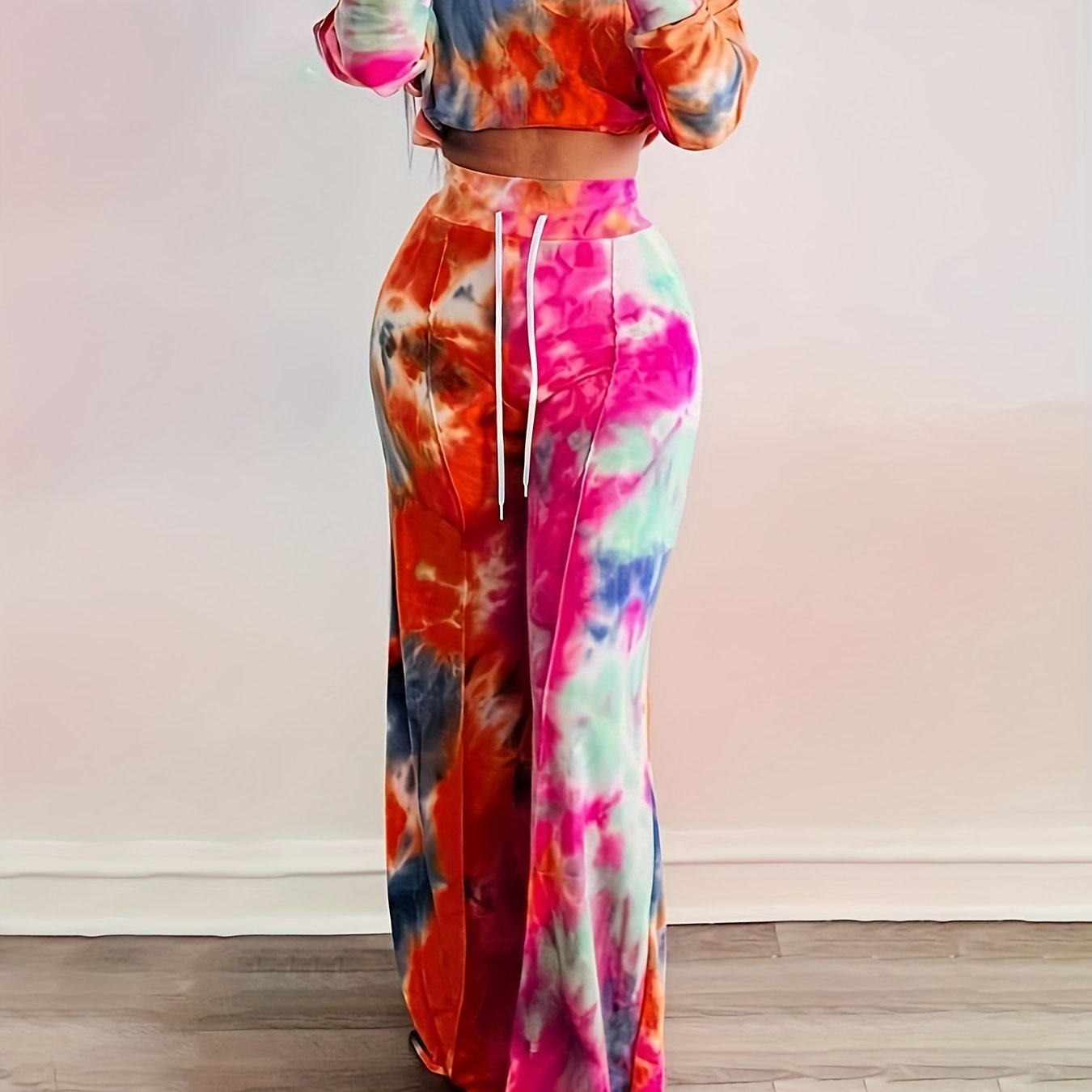Tie Dye Two piece Set Long Sleeve Crop Top & Wide Leg Pants Outfit