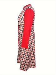 Gingham Print Colorblock Dress Mock Neck Maxi Dress