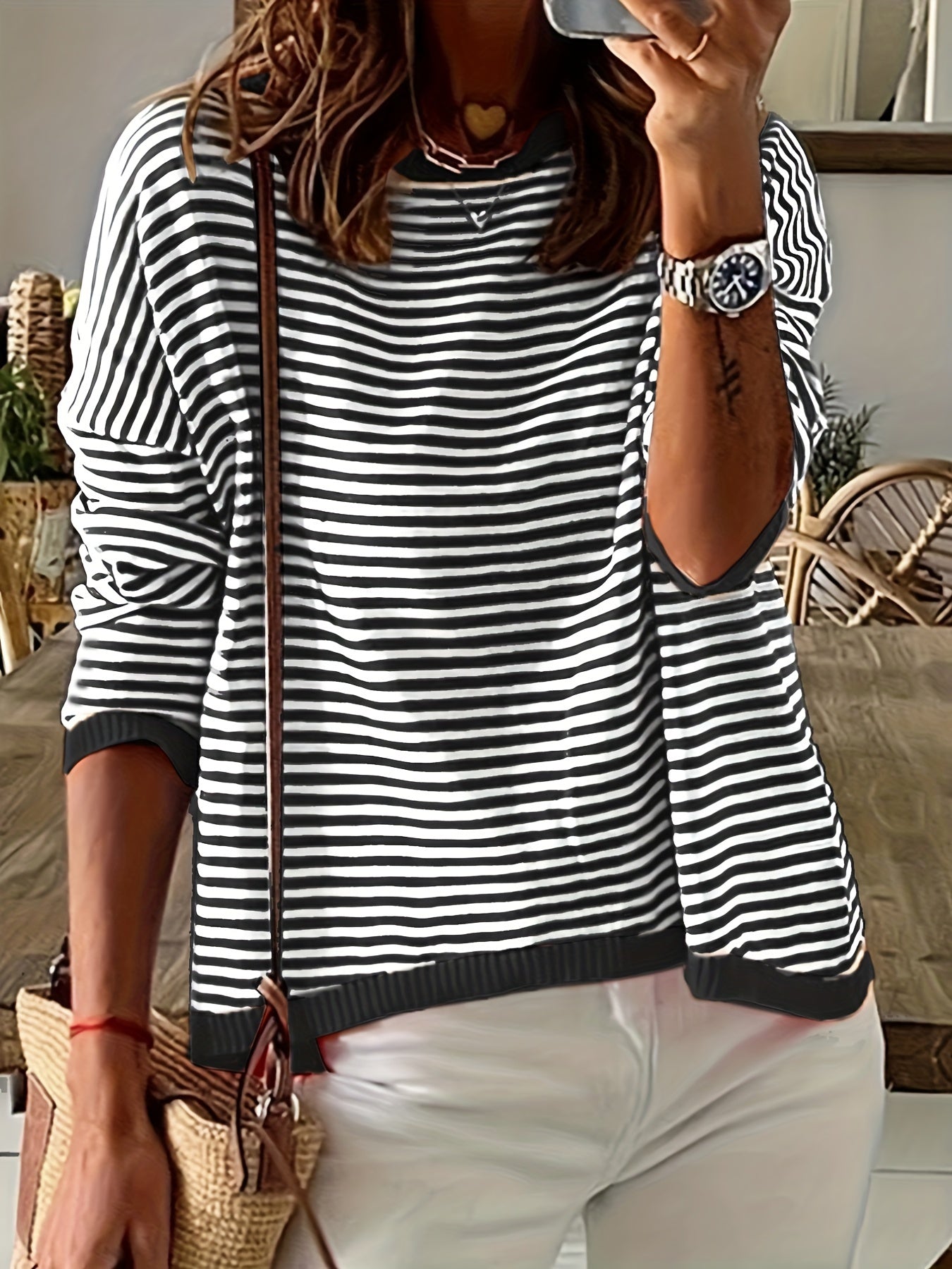 Striped Print Knit Sweater Crew Neck Drop Shoulder Sweater