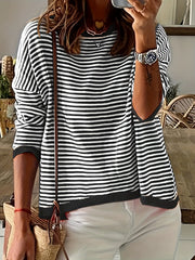 Striped Print Knit Sweater Crew Neck Drop Shoulder Sweater