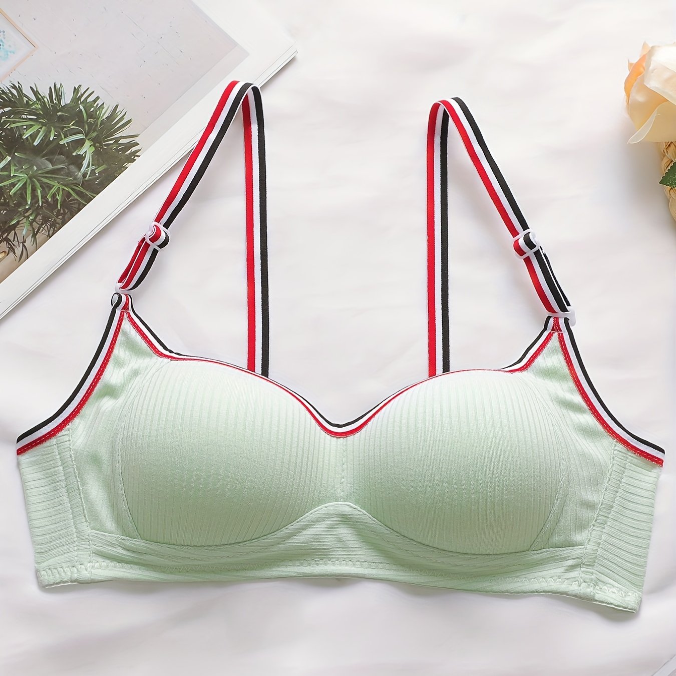 Stripe Strap Wireless Bralettes Ribbed Thin Cup Intimates Women's Lingerie