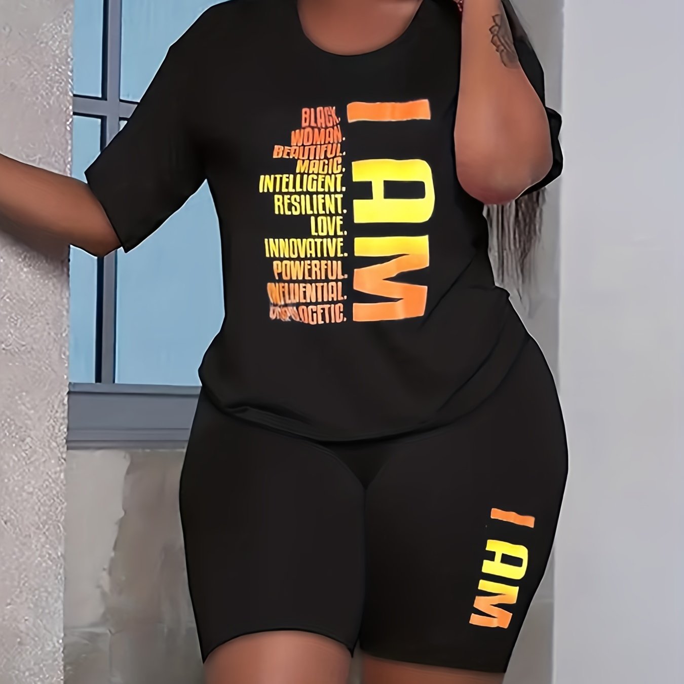 Plus Size Slogan Print Tee & Biker Shorts Set for Women