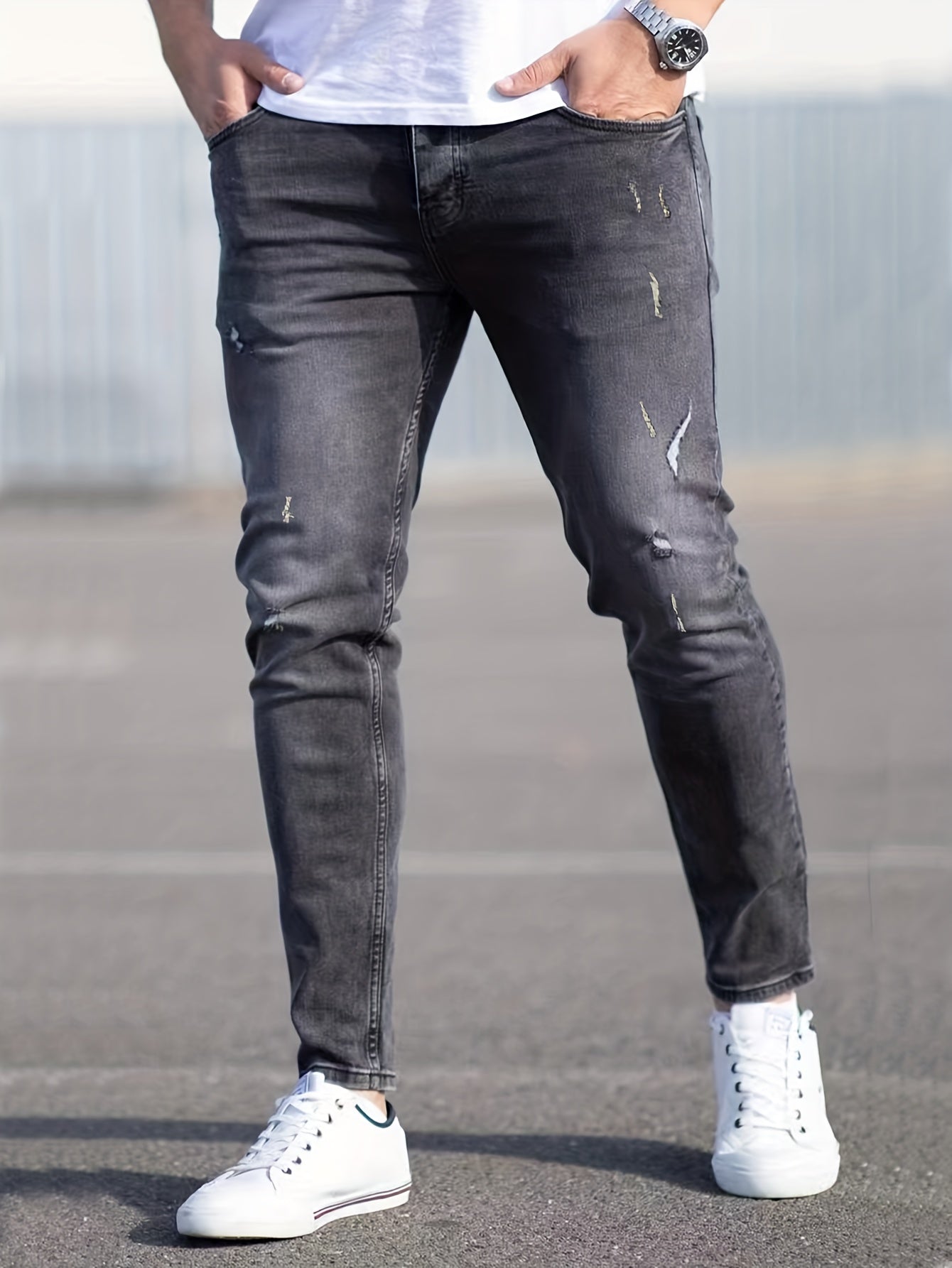 Stretch Denim Pants Men's Slim Fit Distressed Jeans with Pockets