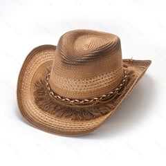 Vintage Cowboy Hat Tassel Belt Gradient Big Brim Straw Hat