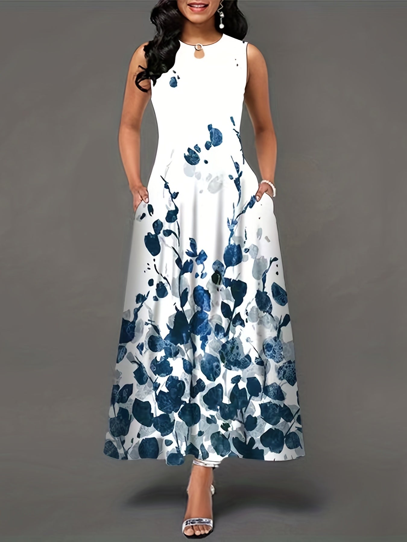 Floral Print Keyhole Maxi Dress Sleeveless Crew Neck Pocket Women's Clothing