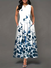 Floral Print Keyhole Maxi Dress Sleeveless Crew Neck Pocket Women's Clothing