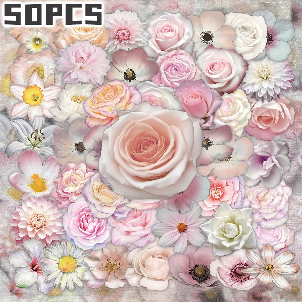 50 Pink Roses & Floral Stickers Non Repeating Transparent Decals for Party Decor