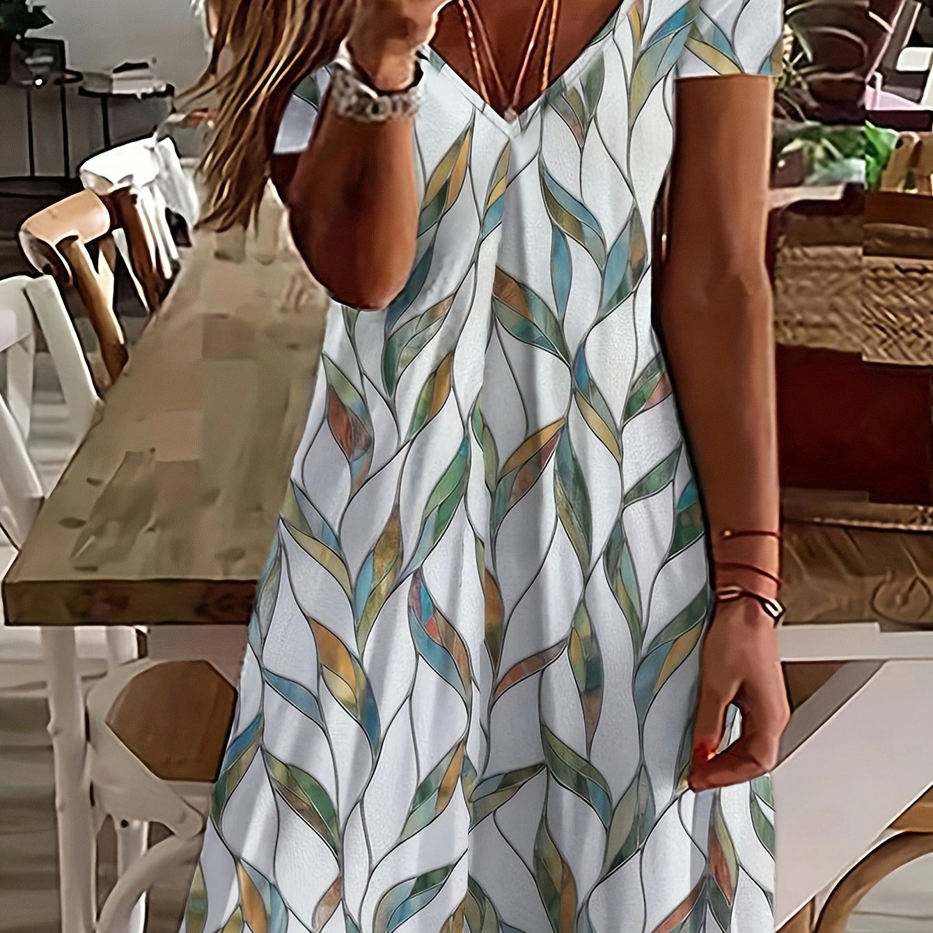 Leaf Print V Neck Casual Dress Plus Size Women