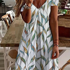 Leaf Print V Neck Casual Dress Plus Size Women