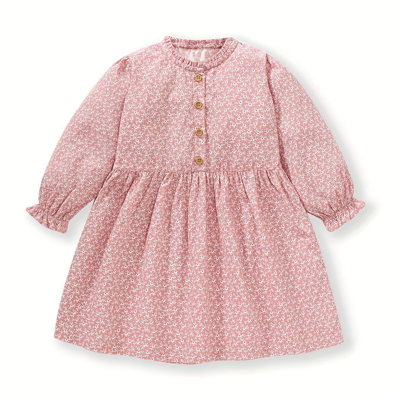 Girls Autumn Floral Print Dress Button Decor Soft Cotton Casual Kids Dress
