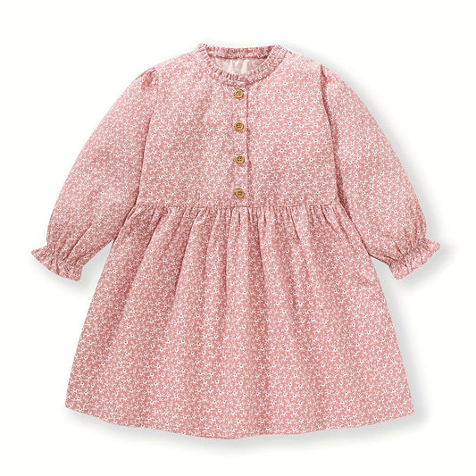 Girls Autumn Floral Print Dress Button Decor Soft Cotton Casual Kids Dress