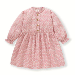 Girls Autumn Floral Print Dress Button Decor Soft Cotton Casual Kids Dress