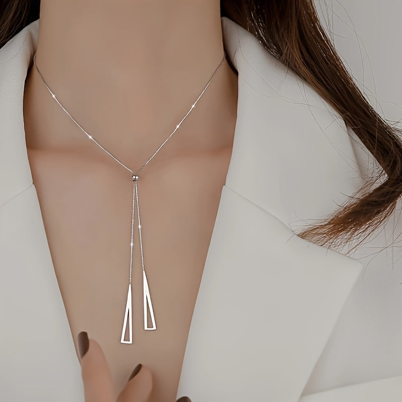 Triangle Geometry Necklace & Tassel Earrings Set with Silvery Chain