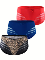 3 Pack Plus Size Sexy Panties Set Women's Plus Leopard Print Contrast Mesh