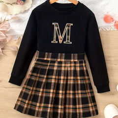 2pcs Letter Plaid Print Top & Skirt Set