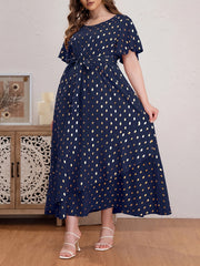Women's Plus Golden Dot Print Maxi Dress with Belt
