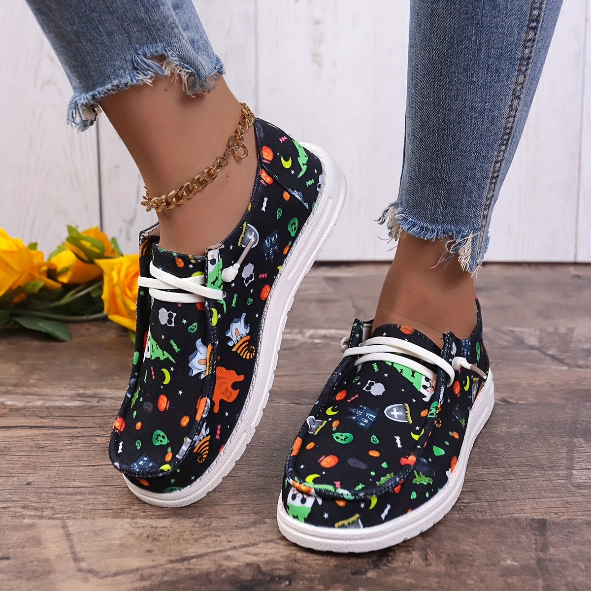 Women's Halloween Pattern Canvas Shoes Lace Up Low Top Slip On Flat Shoes