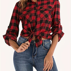 Gingham Print Button Up Long Sleeve Blouse