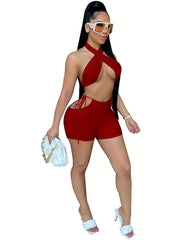 Sexy Lace Up Halter Top & Cut Out Shorts Set