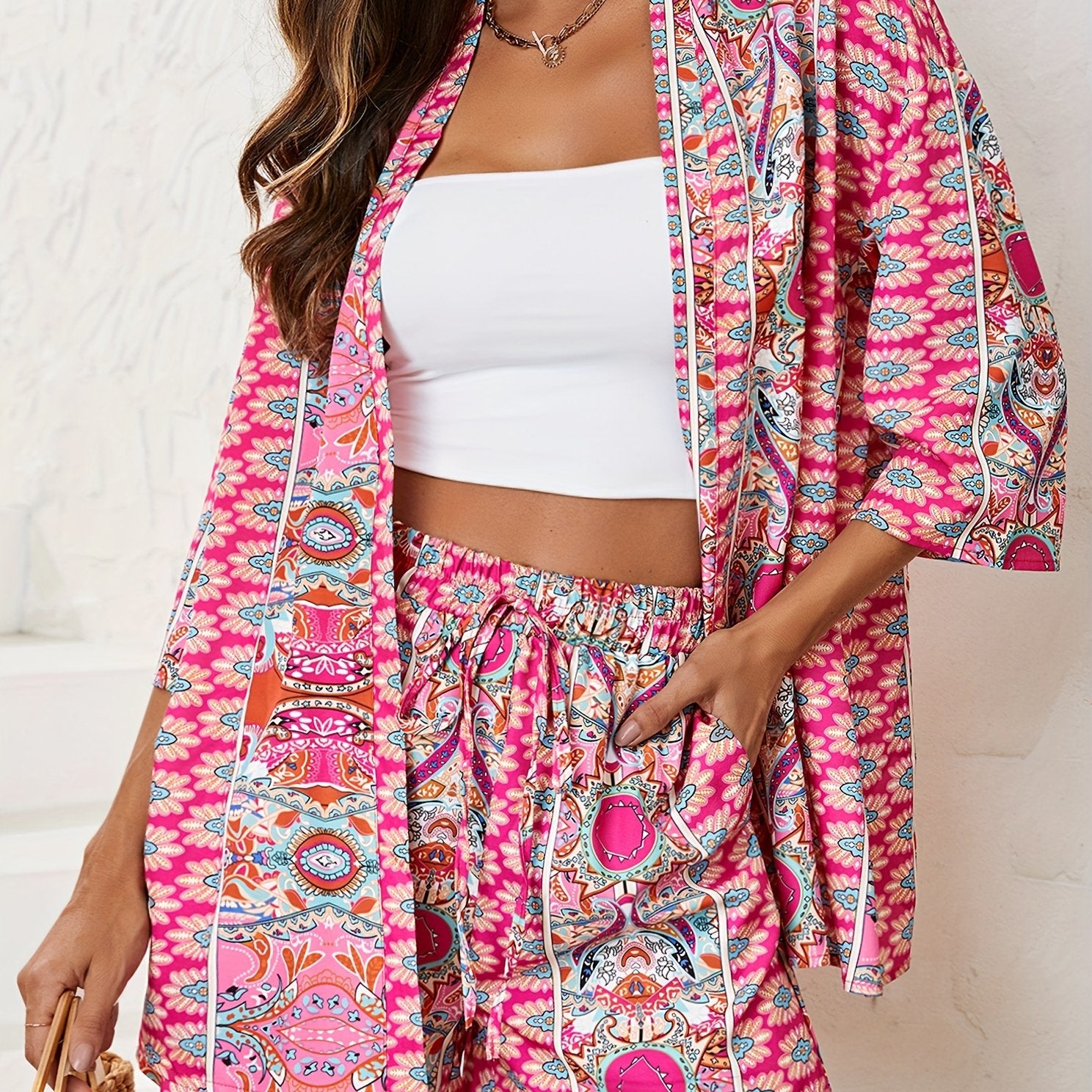 Paisley Print Cardigan & Tie Shorts Set