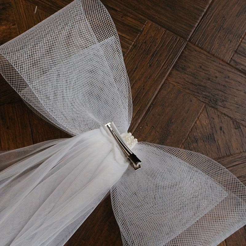 Large Bow Long Veil Faux Pearl Hair Accessories