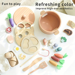 Wooden Play Kitchen Set with Cooking and Dining Utensils