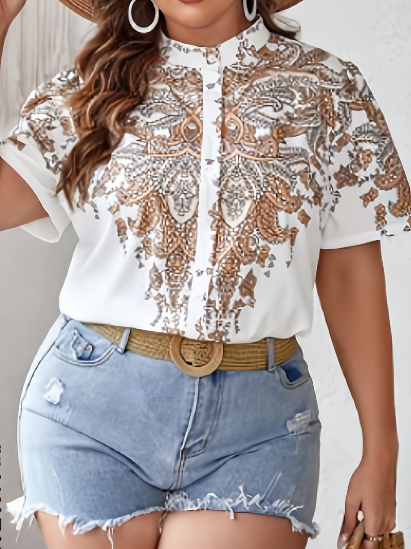 Boho Blouse Women's Plus Paisley Print Button Up Short Sleeve