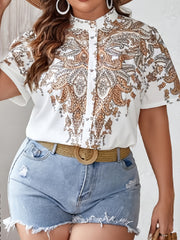 Boho Blouse Women's Plus Paisley Print Button Up Short Sleeve