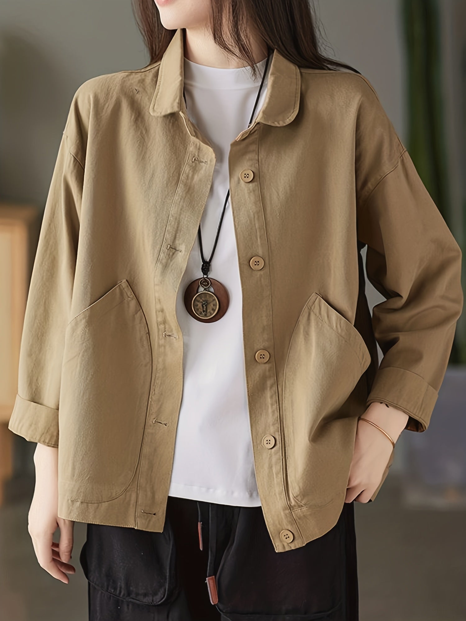 Button Front Collar Jacket Solid Outerwear Women's Clothing