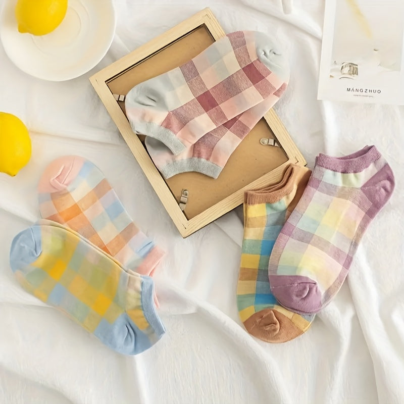 5 Pairs Colorblock Plaid Socks - Soft & Lightweight Low Cut Ankle Socks
