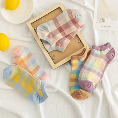 5 Pairs Colorblock Plaid Socks - Soft & Lightweight Low Cut Ankle Socks