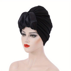 Satin Knot Pleated Turban Cap Solid Bonnet Women Chemo Hats