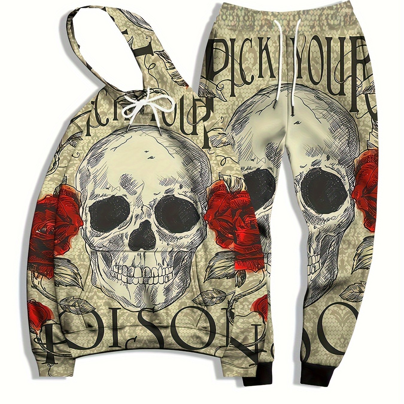 Skull & Roses Print Men's Hoodie & Sweatpants Set for Autumn Winter