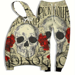 Skull & Roses Print Men's Hoodie & Sweatpants Set for Autumn Winter