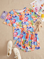 Bear Print Pajama Set Short Sleeve Top & Shorts Women's Sleepwear