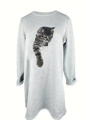 Cat Print Fleece Pullover Sweatshirt for Women