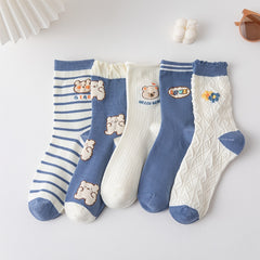 5 Pairs Teddy Bear Crew Socks Mixed Pattern Textured Pack