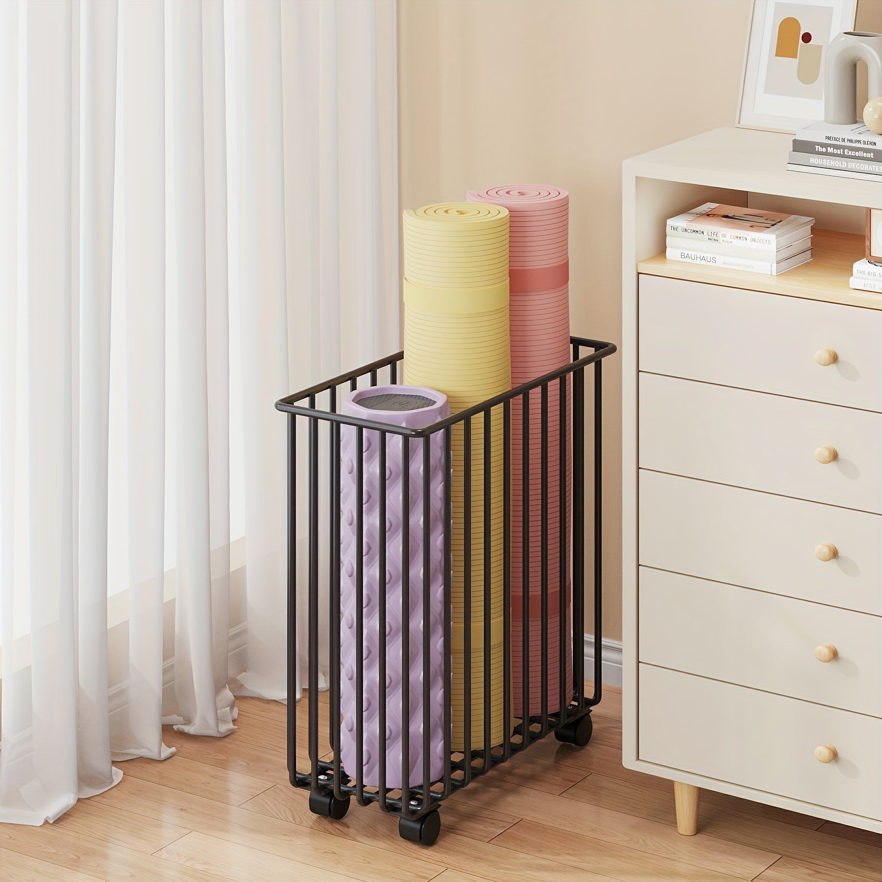 Sports Equipment Storage Rack with Wheels - Organizer for Yoga Mat and Dumbbells