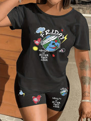 Cartoon Print Casual Two-piece Set Tee & Shorts Outfit