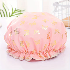 Butterfly Print Double Layer Shower Cap - Waterproof for Home & Travel