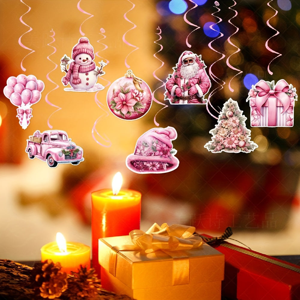 18pcs Pink Hanging Swirl Paper Santa Claus Decorations With Hooks