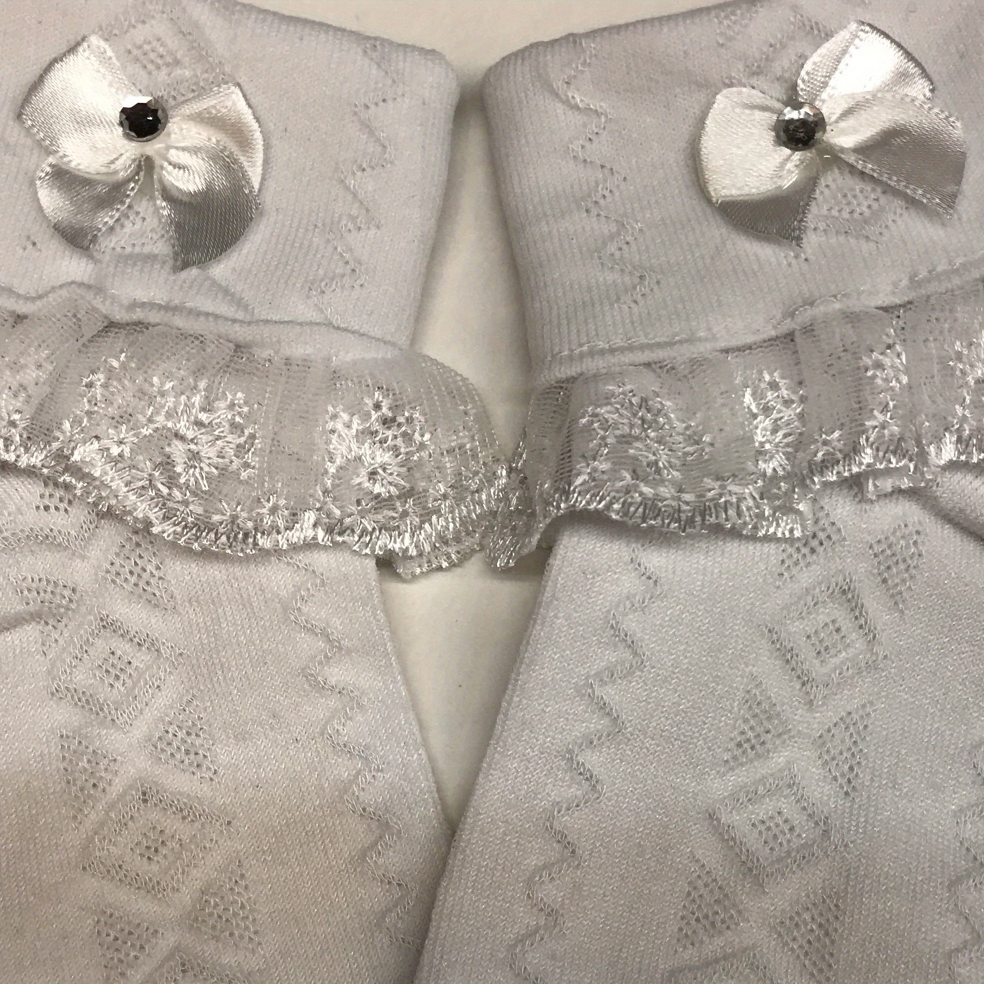 Girls Lace Brim Socks w/ Rhinestone Bow, Soft Elastic Princess Crew Socks