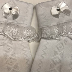Girls Lace Brim Socks w/ Rhinestone Bow, Soft Elastic Princess Crew Socks