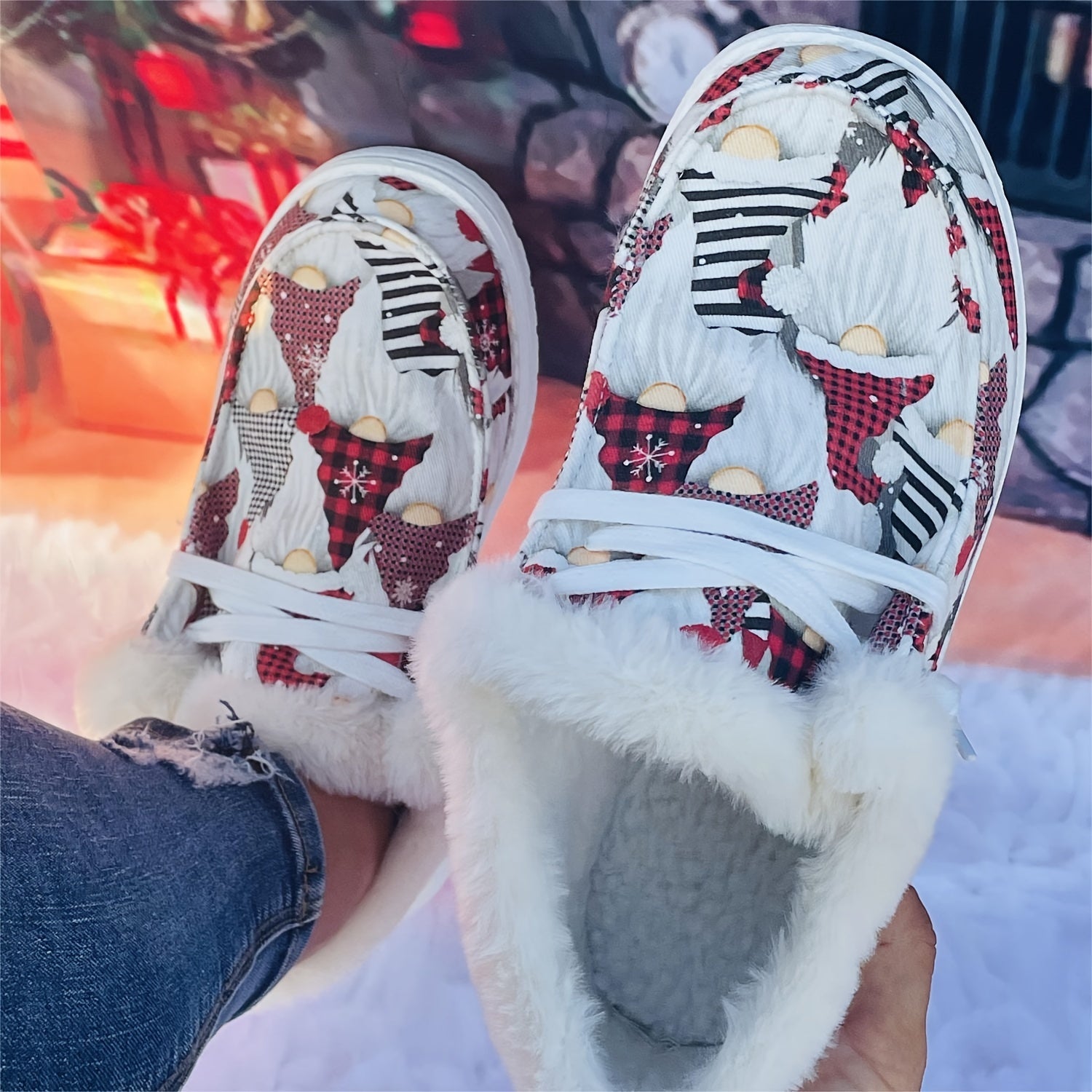 Christmas Elements Pattern Women's Snow Boots Flat Warm Winter Canvas Shoes