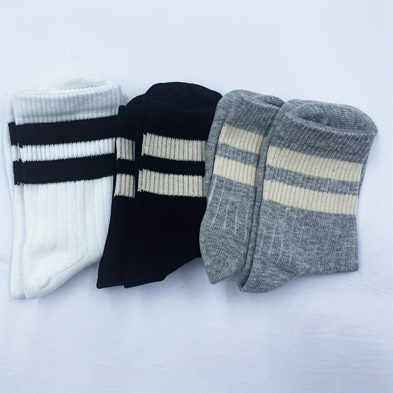 3Pairs Children's Unisex Striped Crew Socks Odor Proof Breathable Student Socks