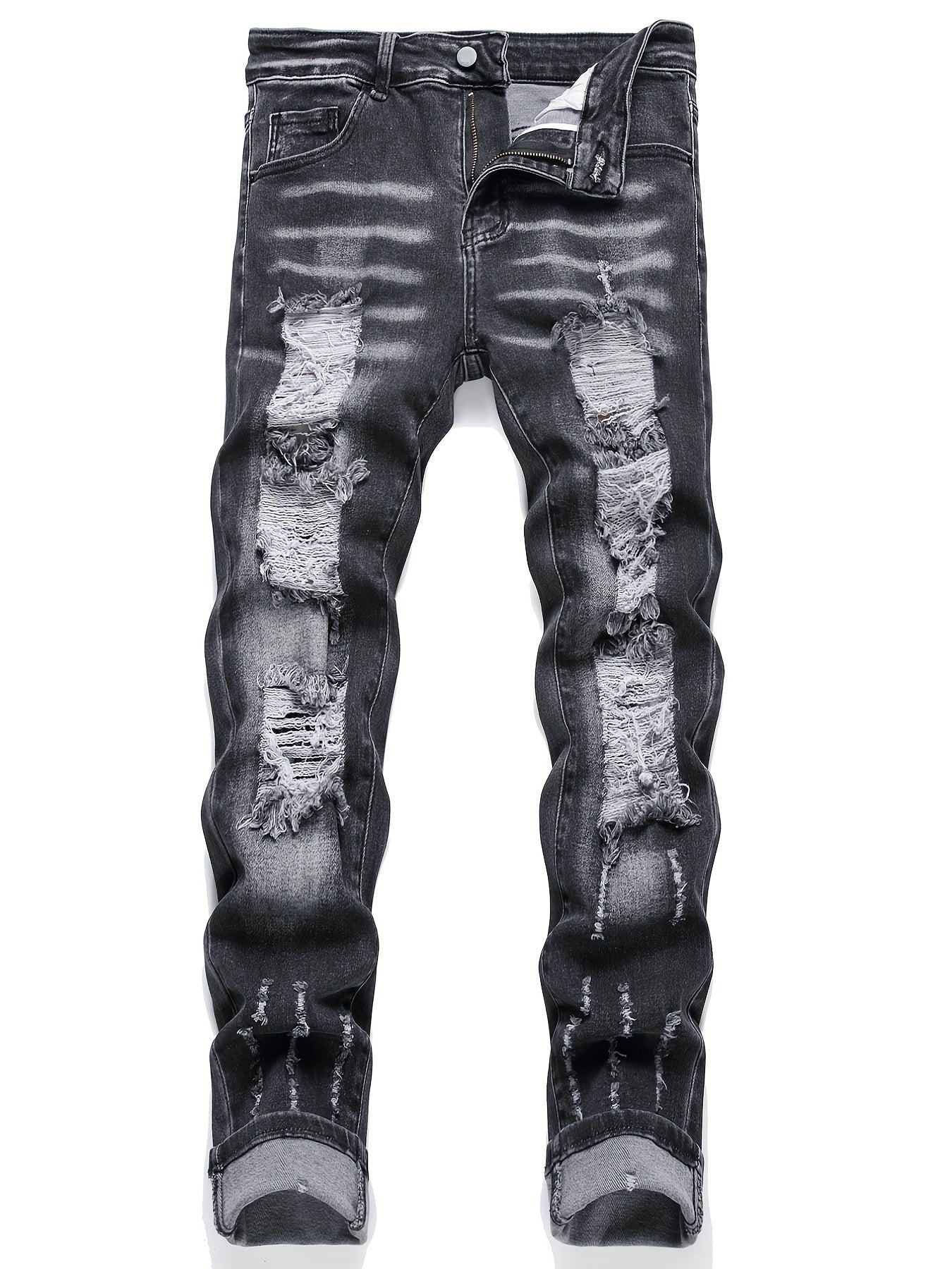 Men's Slim Fit Ripped Jeans Casual Street Style Distressed Denim Pants