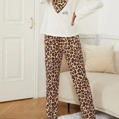 Leopard Print Lounge Set Short Sleeve Crew Neck Top & All Over Print Pants
