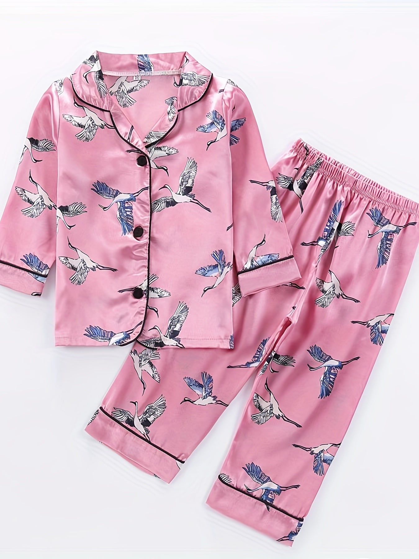 Girls 2pcs Pajamas Top & Pants Crane Print Long Sleeve Button Front PJ Set